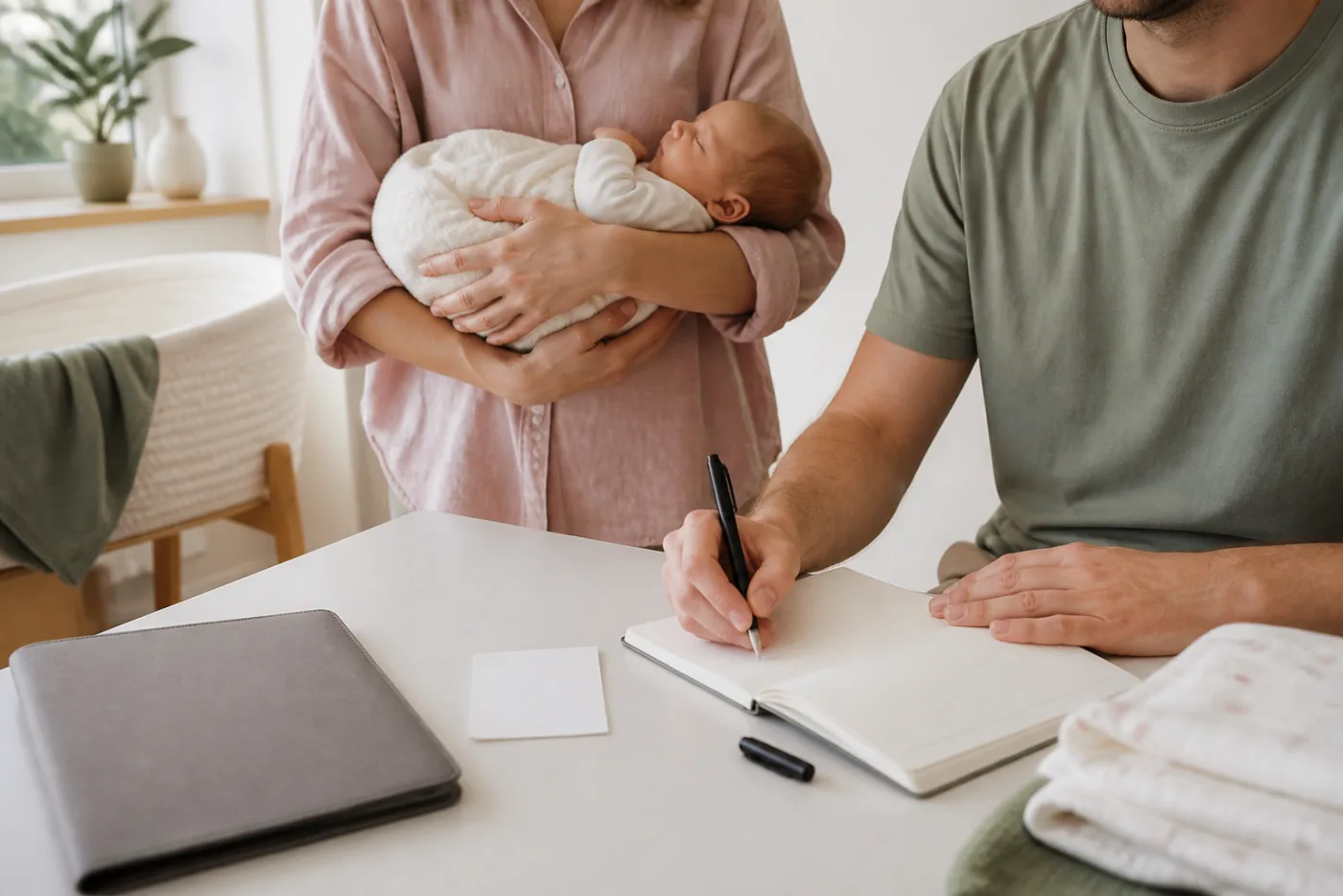 Eine Familie hält die nächsten Schritte nach einer Geburt schriftlich fest.